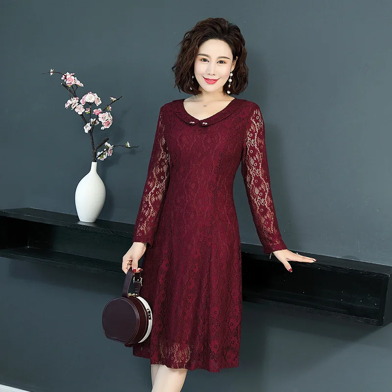 

Lace Dress Women's Autumn 2018 New Style Korean-style Large Size Belly Covering Slimming Elegant Mid-length Long Sleeve A- line