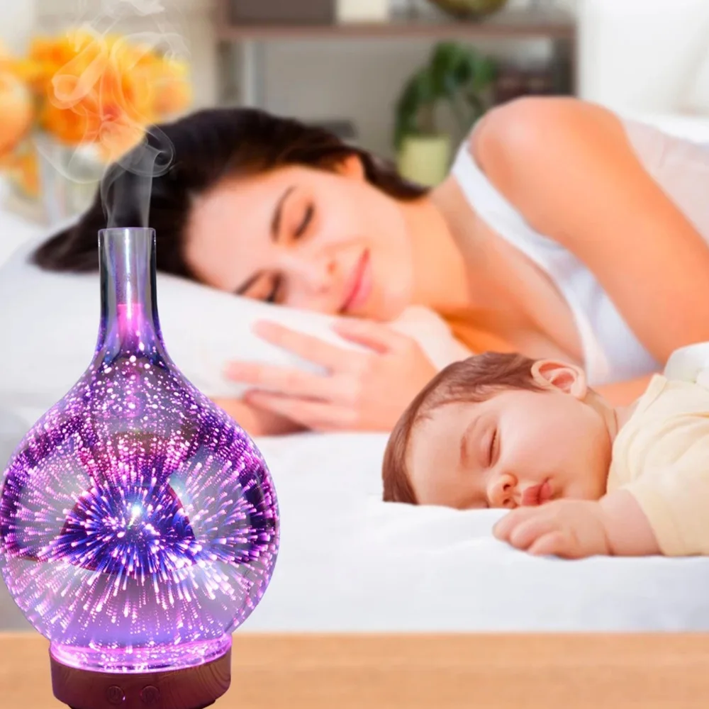 

Led Essential Oil Diffuser Night Light Glass Wood Grain Vase Shape Ultrasonic 200ml Creative 3D