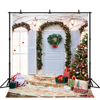

Winter Christmas Door Photography Backdrop Wreath Snow Gift Background Newborn Baby Party Photo Shoot Booth Studio