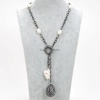 

GG Jewelry Natural 22'' Cultured White Rice Pearl CZ Gunmetal chain Necklace Keshi Pearl Cz Teardrop Pendant