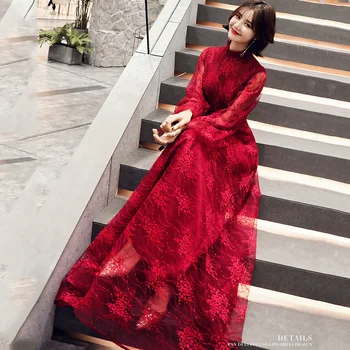 

Skkyue Lace Long Sleeve Women Party Dresses FR305 Burgundy A-Line Robe De Soiree High Collar Formal Vestidos De Fiesta 2020
