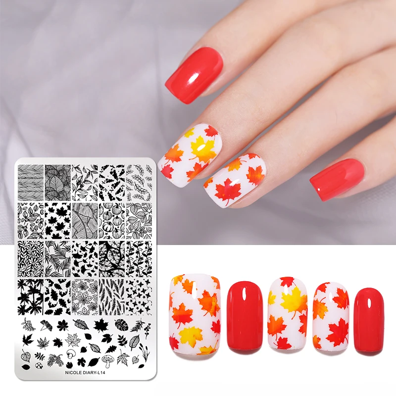 

NICOLE DIARY Maple Leaf Nail Art Stamping Plates Snow Flower Plants Image Printing Stamp Template Manicure Art Stencil Tools
