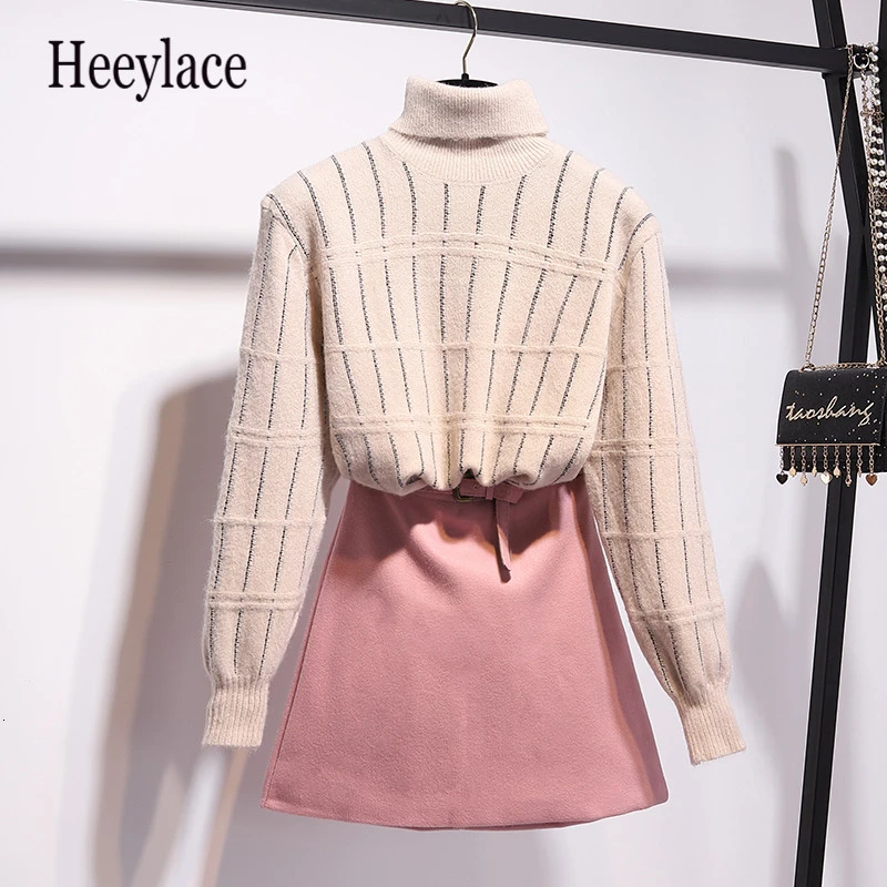 

Women Sweet korean 2 Pcs Sets 2019 Autumn Women's Long Sleeve Turtleneck Knitted Sweater + Mini Skirts 2 Piece Set For Women