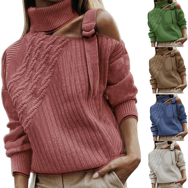 

2019 new women's high neck off shoulder sweater Amazon popular sweater women's European and American autumn and winter knitwear