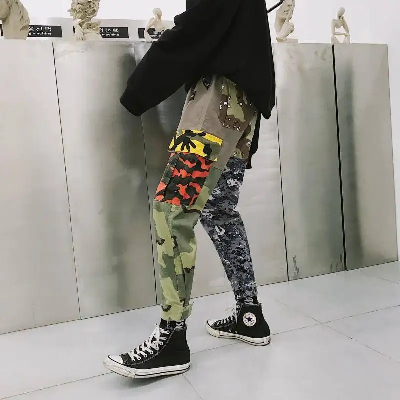 Цветные Лоскутные камуфляжные штаны хип уличная Harajuku беговые Штаны спортивные брюки повседневные мужские штаны
