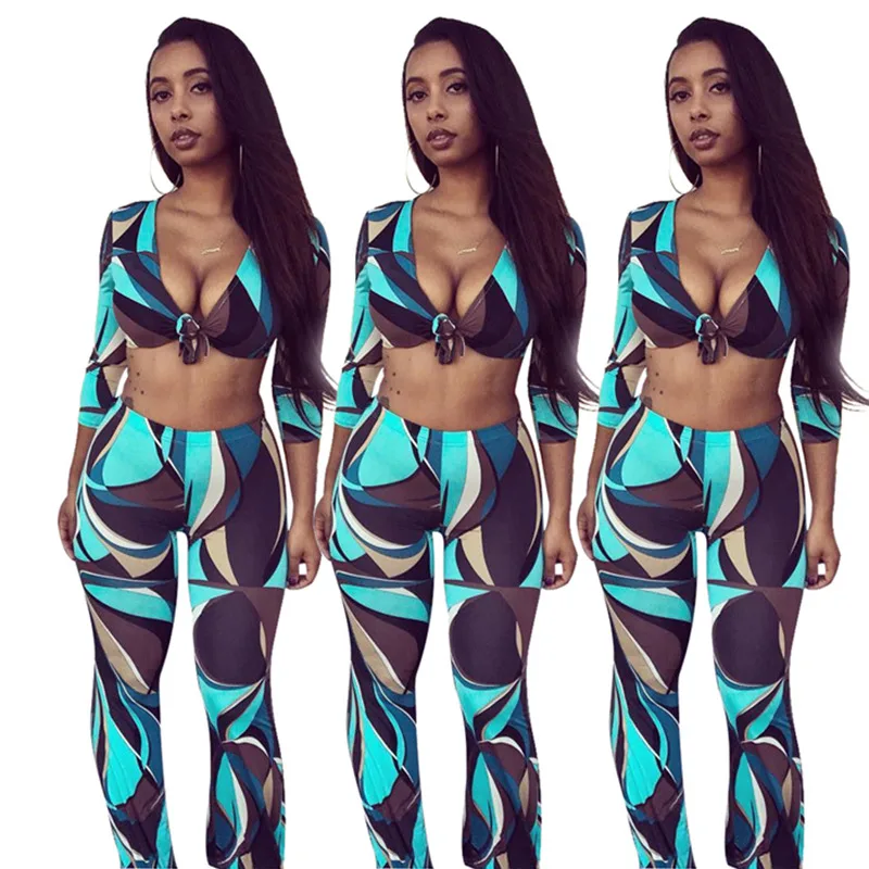 

Womens Fashion Casual Printed Off Shoulder Crop Top and Wide-leg Pants