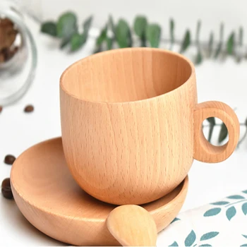 

Coffee cup three piece set Solid wood cup Wooden with handle+Coaster+Wooden spoon