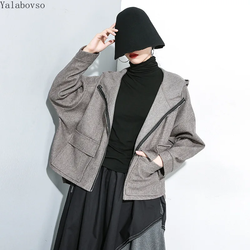 

2019 Autumn Hooded Jacket for women Loose plus size zipper Coat female Turn-down Collar Trend women coats A71Z40