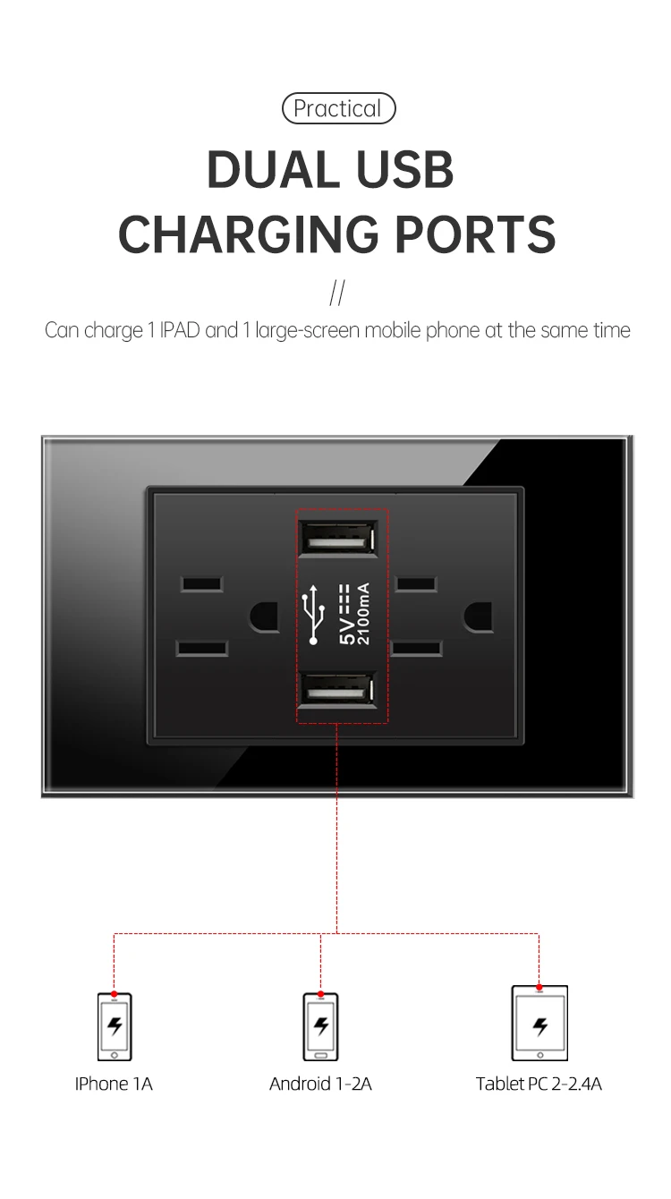 PSSRISE G18 US Standard Wall Switch Socket Black Tempered Glass Panel DIY Multifunctional Switch Power USB Combination Outlet