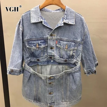

VGH Denim Heavy Patchwork Women's Jacket Lapel Collar Long Sleeve Loose Casual Coat Female Autumn 2020 Fashion Clothing New