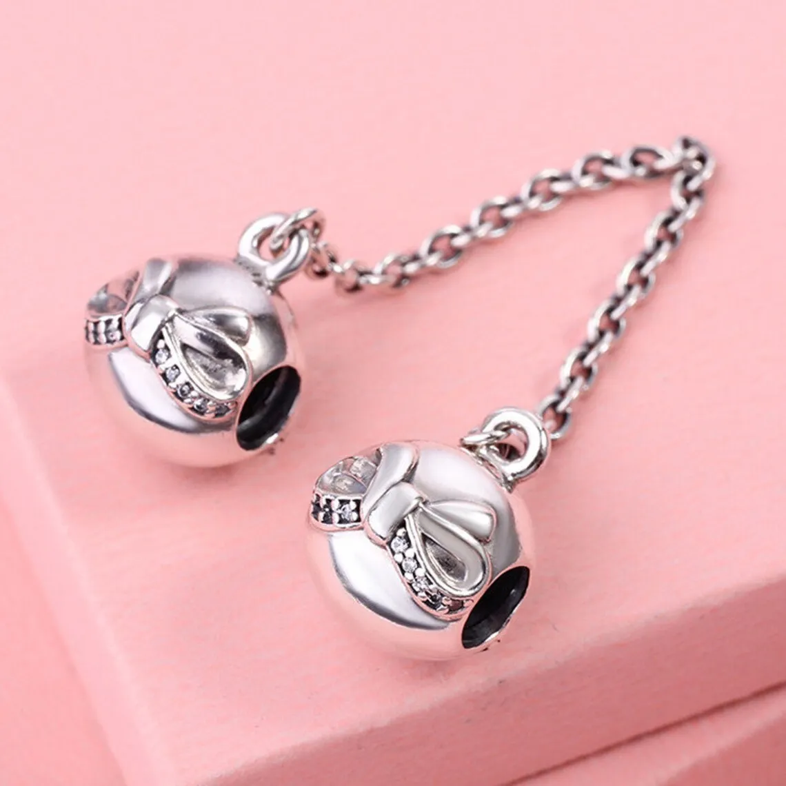 

925 Sterling Silver Bow with Clear CZ Safety Chain Charm Bead Fits All European Pandora Jewelry Bracelets Necklaces
