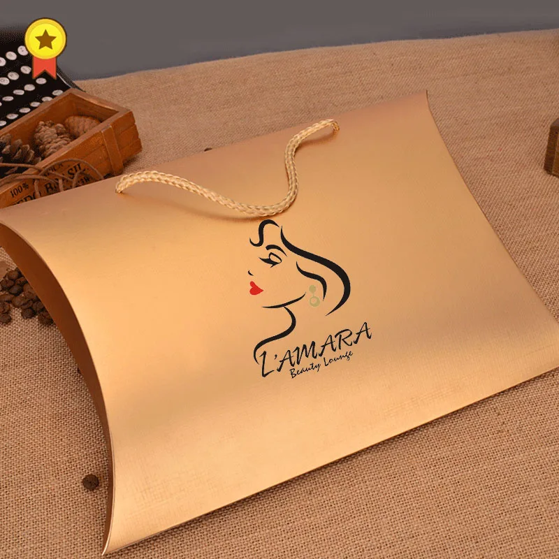 

Customized logo brand name gold pillow box,DIY gift Hair extension bundles wig packaging packing paper box boxes