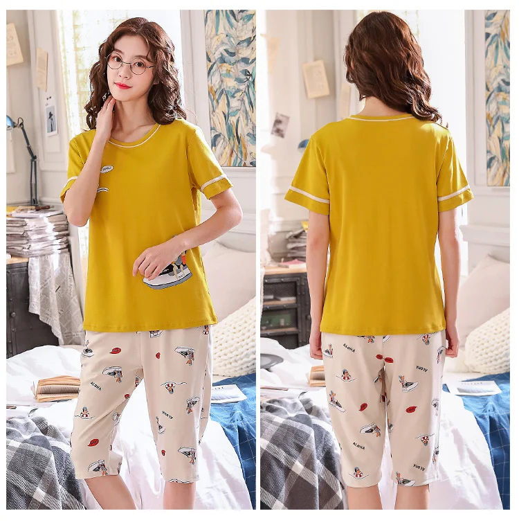Женский пижамный комплект размера плюс M-5XL, летняя Пижама с коротким рукавом из хлопка, женская пижама с милыми рисунками