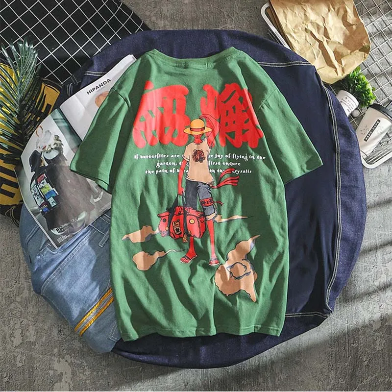 Япония стиль цельная футболка для мужчин мультфильм обезьяна Luffy Футболка Мода kanagawa аниме одежда свободные хлопковые футболки 4xl - Цвет: Армейский зеленый