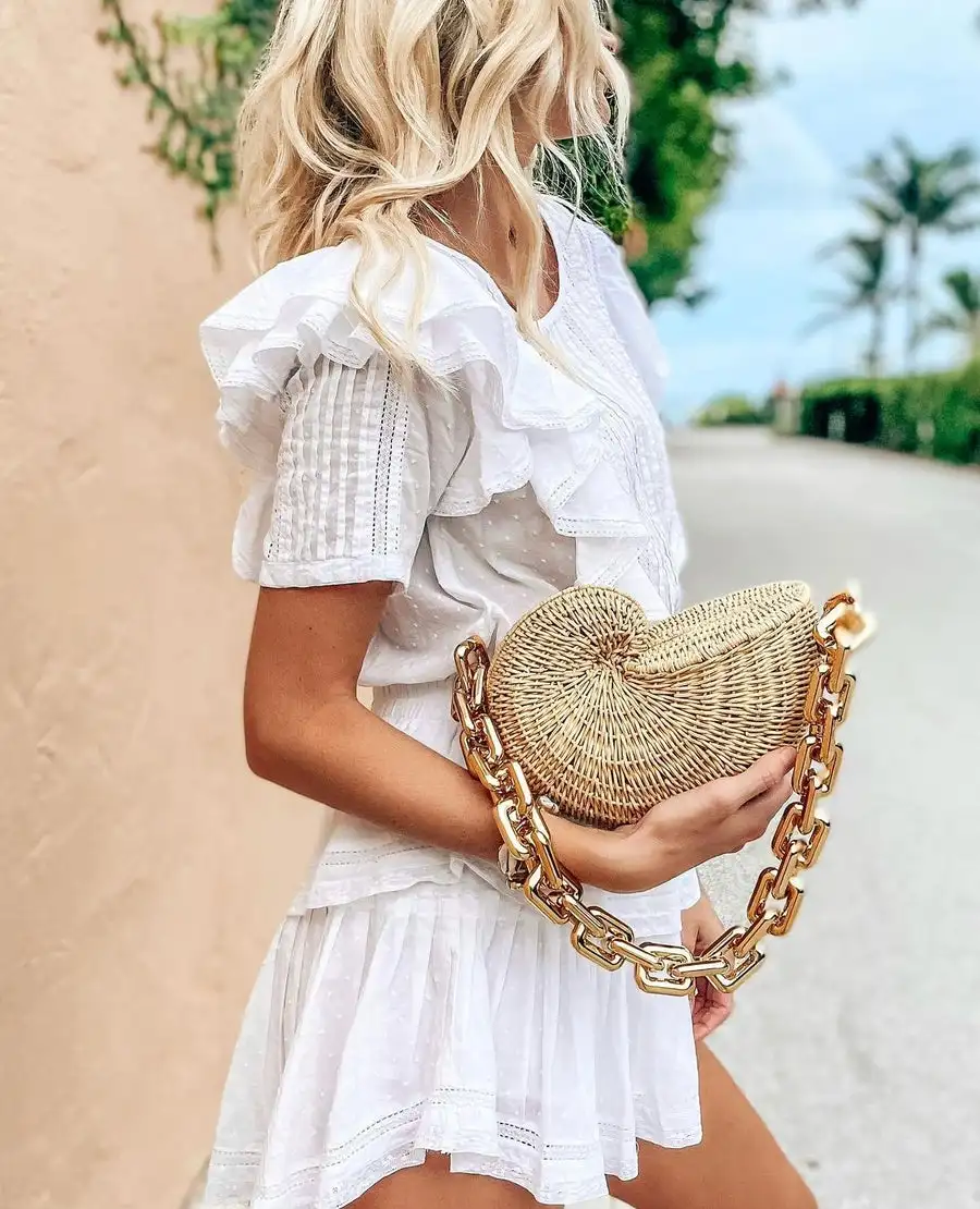 Fashion Thick Chains Rattan Conch Women Shoulder Bags Design Wicker Woven Handbags Luxury Summer Beach Straw Bag Bali Purse