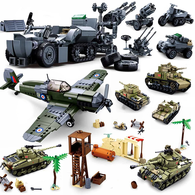 Ww2 batalha de el alamein alemão britânico blocos de construção kit armadura veículos conjuntos guerra mundial 2 tanques militares avião t34 exército soviético