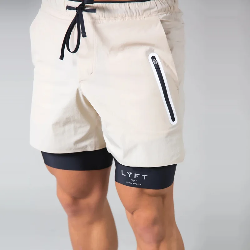 2021 Summer New Men's 2 In 1 Jogging Fitness Training Quick-drying Men's Sports Shorts Zipper Pocket Navy Blue Casual Pants mens casual summer shorts