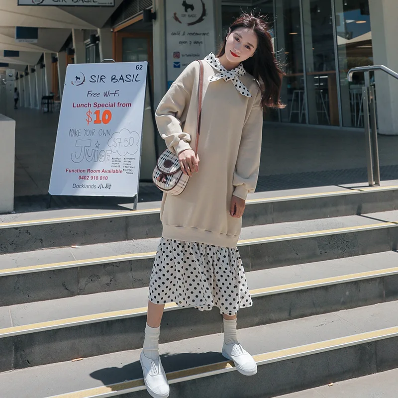 

Photo Shoot Fishtail Dress Autumn New Style Mock Two-Piece Joint Sweater Dress Loose-Fit College Style Sweet Skirt Women's