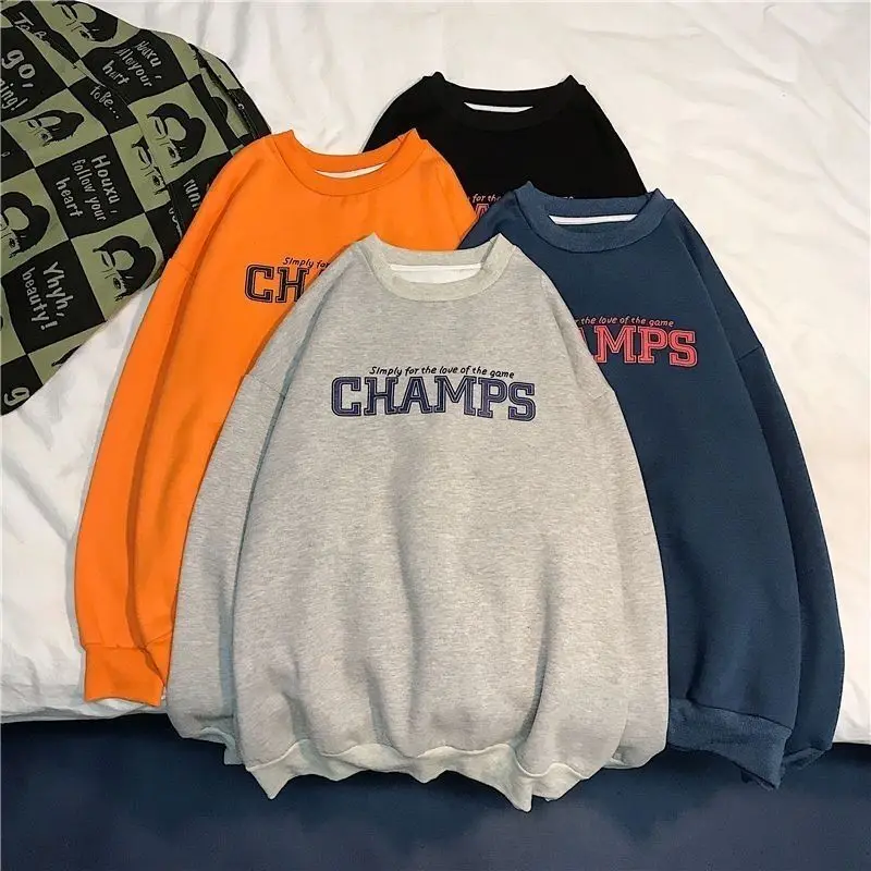 

Korean-StyleSimple Alphabet plus Velvet Men's Printed round Neck Men's Long Sleeve Fashion Style Autumn and Winter