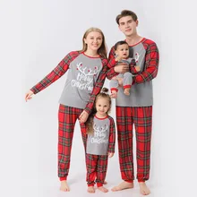 Pyjamas assortis de noël pour toute la famille, ensemble à carreaux, lettres imprimées, col rond, pull à manches longues + pantalon Long pour père/mère/enfants 