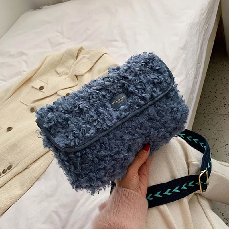 

Winter Fashion Soft Plush Square Crossbody Bags For Women Wide Strap Shoulder Messenger Bags Designer PU Leather Women Handbags