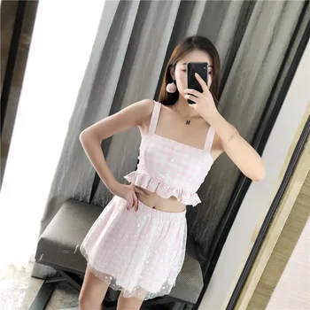 

Cute Swimsuit Push-Up 2019 Swimwear Female Plavky Women New Korean Three Piece Split Mesh Swimsuits With Skirt Suspender Girl