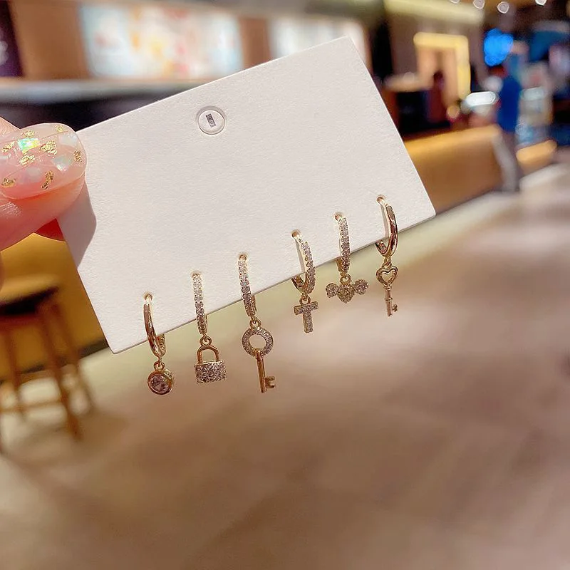 ALLNEWME Korean Small Lock Key Cross Pendant Earrings for Women Ladies Full Shinning Rhinestone Earrings Exquisite Accessories