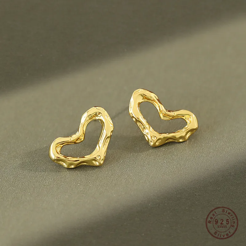 

925 Sterling Silver Irregular Concave Hollow Heart Stud Earrings Women Creative Generous Wedding Party Jewelry Friendship Gift