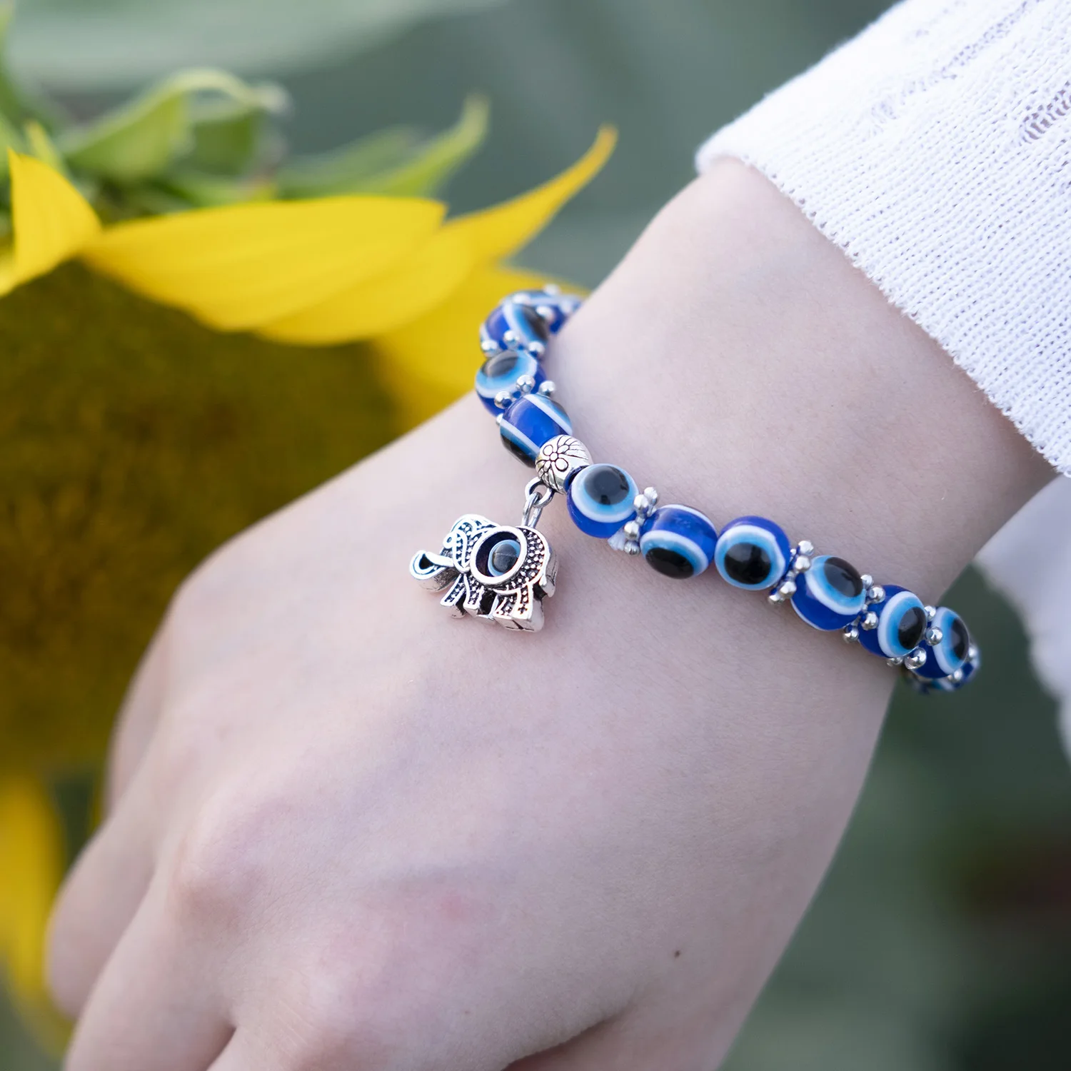 Blue Evil Eye Bracelet Hand of Fatima Turkey Thousand Eyes Wish Handmade Women's Resins Bead Bangle Elastic Bracelets Jewlery