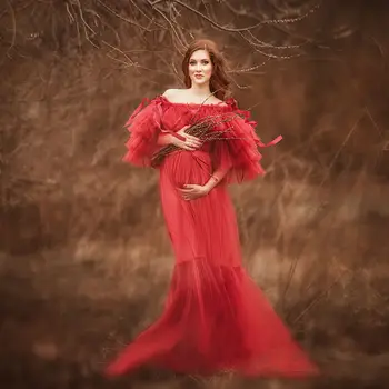 

Red Maternity Dresses Off Shoulder Ruffled Maternity Gown for Photoshoot Boudoir Lingerie Tulle Bathrobe Nightwear Babydoll Robe