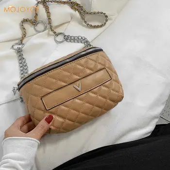 

Fashion Lattice Pattern Chest Bag Women Casual Solid Color PU Leather Fanny Belt Pouch Chain Zipper Street Travel