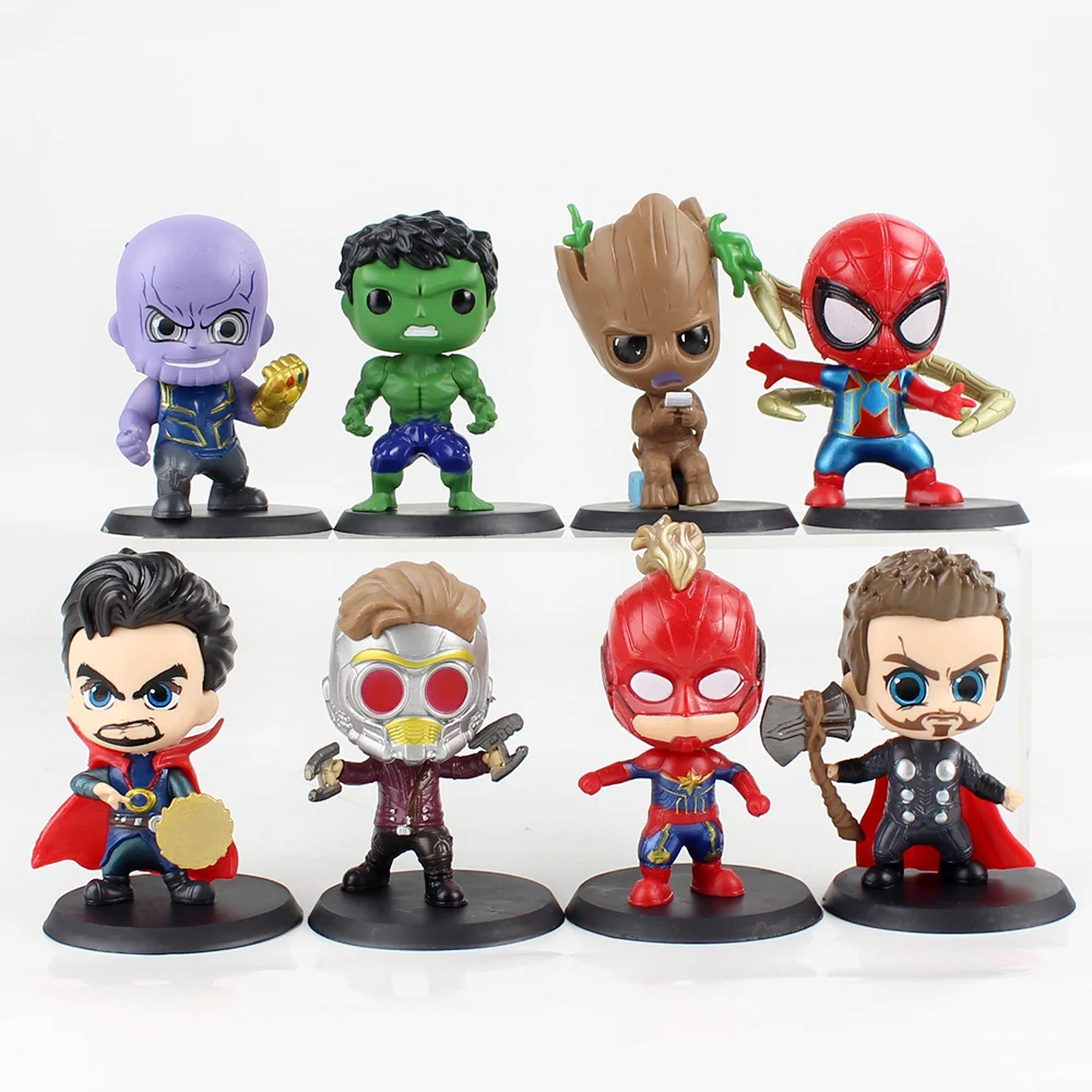 8pcs/Set Avengers Endgame Thanos Captain Marvel Hulk Spiderman Doctor Strange Thor Star Lord Tree Man Q Version PVC Figures Toys
