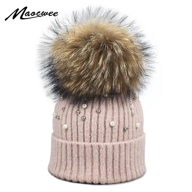 

Newest Women Pearl Beanie Hat With Real Fur Pompom Knitted Winter Hats Fashion Outdoor Warm Soft Cap High Quality Female Beanies