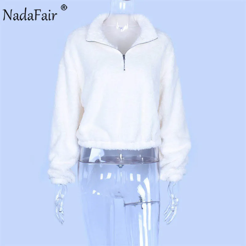  Nadafair Lambswool Cropped Hoodie Women White Long Sleeve Casual Winter Pullovers Autumn Soft Faux 