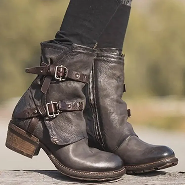 Flash Sale 2020 zapatos de mujer botas de moto otoño baja Tacón cuadrado del dedo del pie redondo hebilla al tobillo costura hecha a mano Punk mujer Mujer GR6Je10Mpel