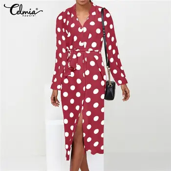 

Oversized Women Polka Dot Print Midi Dress Long Sleeve Lapel Casual Loose Shirt Dress Celmia Ladies Elegant Party Vestidos Mujer