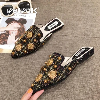 

Rhinestone Mules Shoes Women Flat Slippers Pointed Toe Ladies Slip On Loafers Crystal Slides Female Fashion Summer Loafers 2020