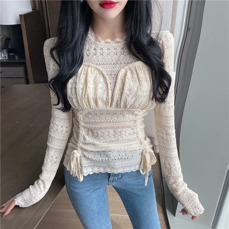 Drawstring tops camisa feminina ulzzang lace spring fall Women's Clothing Blouses fashion brand sexy long sleeve Shirts black