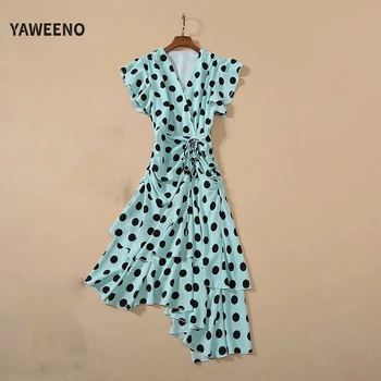 

Yaweeno 2020 Runway Designer Summer Asymmetrical Dresses Women Sexy V-Neck lace Up Waist Polka Dots Vacation Party Midi Dress