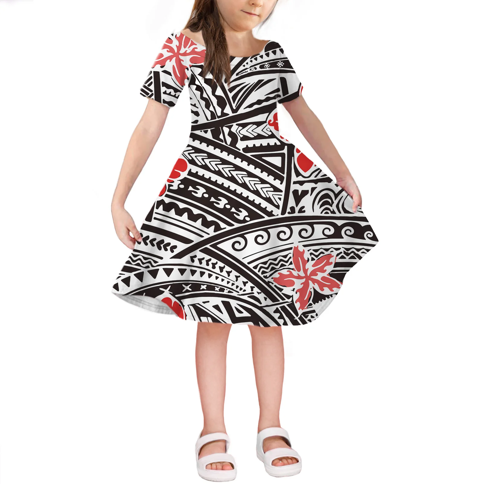 

Printed On Demand Girl Dress 4-14 Years Old Samoa's Latest Design O Collar Short Sleeve Summer Party Banquet Pomp Dress