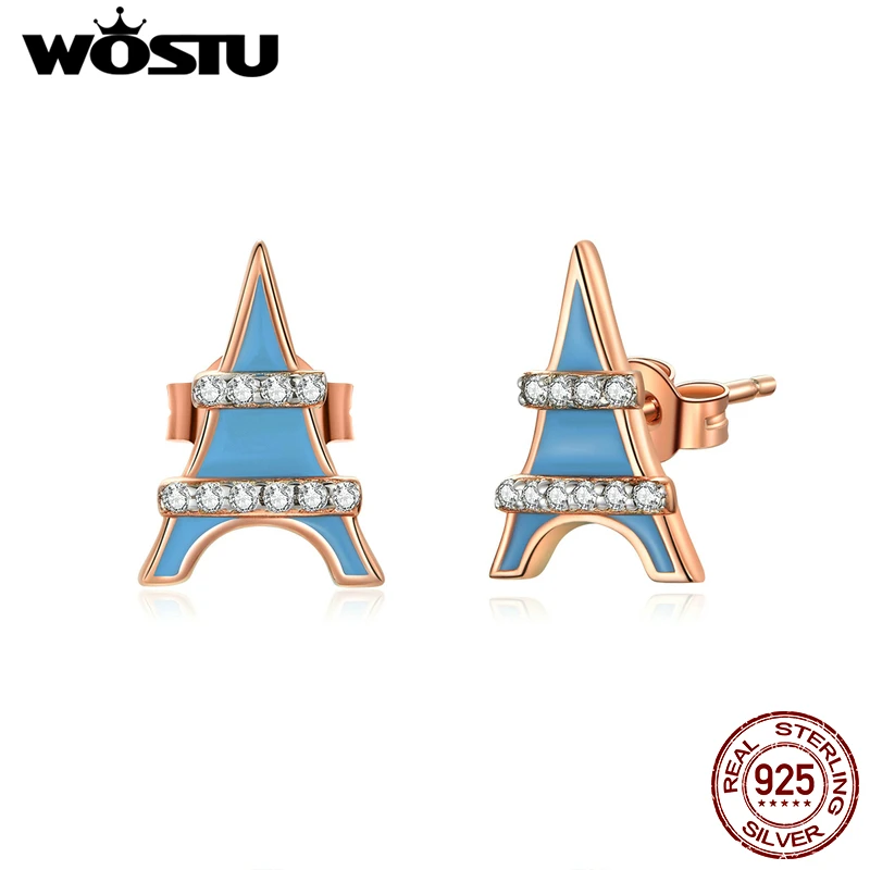 

WOSTU 100% Real 925 Sterling Silver Eiffel Tower Stud Earrings For Women Blue Enamel Small Earrings Wedding Jewelry Gift DXE809