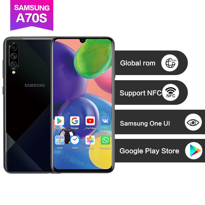 Samsung Galaxy A70s 6," с 8-кратным зумом Поддержка NFC Google Play Super AMOLED 25 Вт Supercharge 4500 мАч для лица+ отпечатков пальцев ID 4 камеры 64 мп