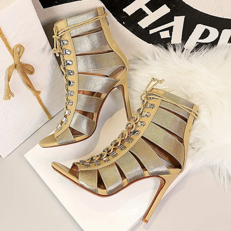 2021 Women Fetish Stripper Sandals Ankle Boots 10cm High Heels Lace Up Gladiator Peep Toe Summer Gold Silver Quality Sexy Shoes | Обувь