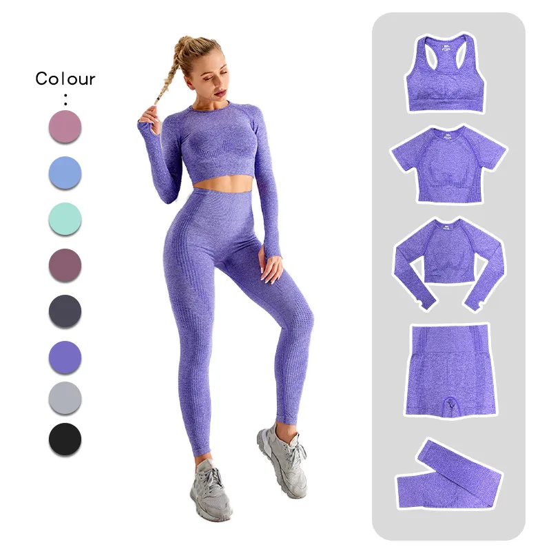 Conjunto de Yoga sin costuras para mujer, ropa deportiva de entrenamiento, gimnasio, Top corto de manga larga, Leggings de cintura alta, trajes deportivos, 2/3/5 Uds.