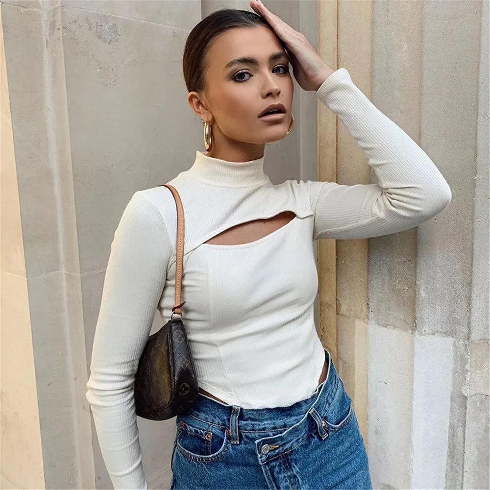 

Women Basic Bodycon Bodysuits Fashion Long Sleeve High Neck Solid Color Hollow Out One-Piece Leotard Tops Female Clothing