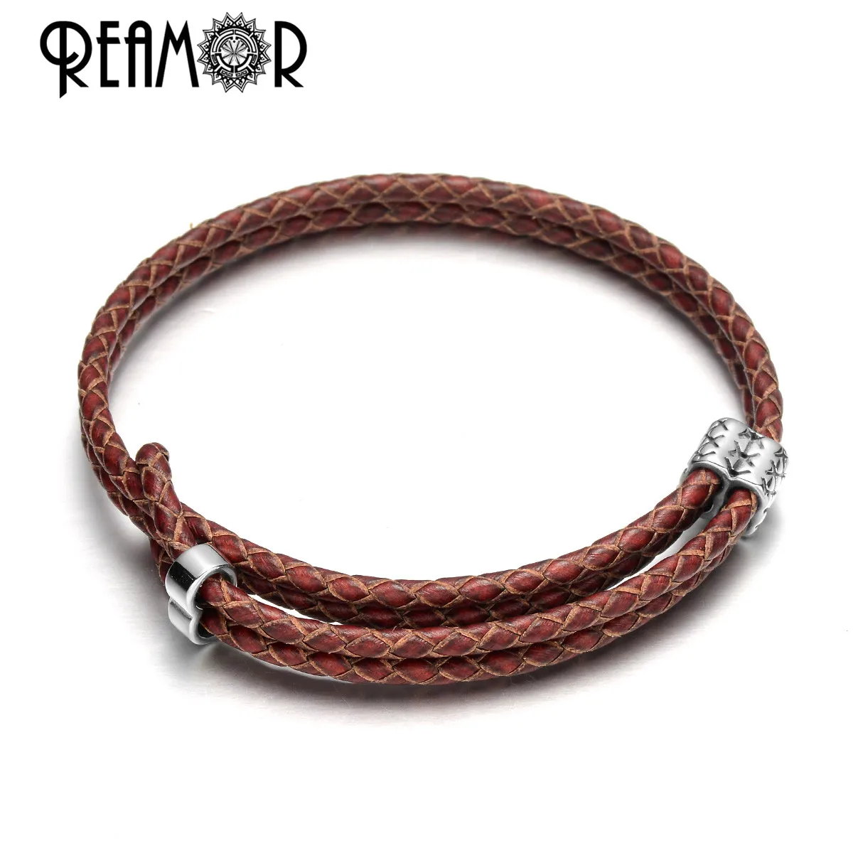 REAMOR Retro Green Blue Cowhide Genuine Leather Adjustable Bracelet Men Stainless steel Beads Handmade Braided Bracelets Bangles