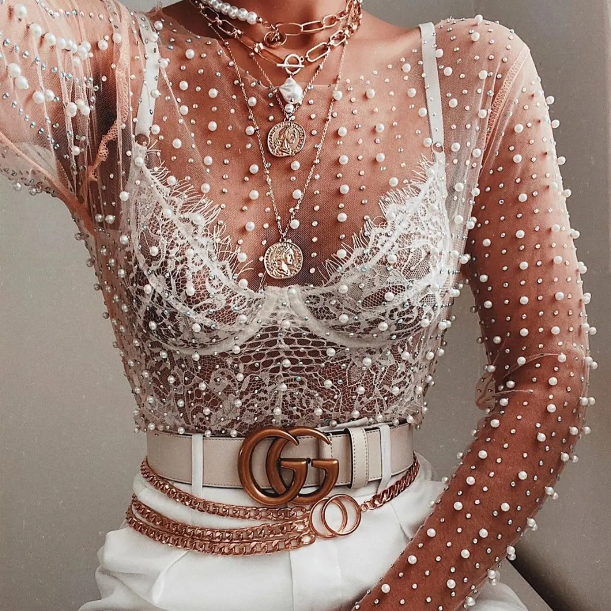 Luxury Crystal Sexy See Through Long Sleeve T-shirt Lace Night Party Club Cropped Top Lady Fashion Balck Streetwear 2025