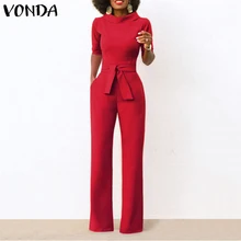 

2021 VONDA Women Long Jumpsuits Autumn Wide Leg Playsuits Ladies Short Sleeve Casual Office Overalls Loose Playsuits Pantalones