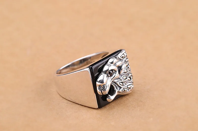 Подлинное 925 пробы Серебряное кольцо с натуральным черным ониксом мужское модное кольцо Ширина преувеличенная атмосфера