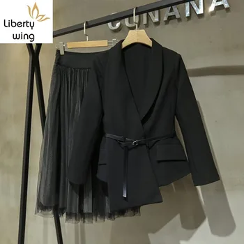 

Fashion Womens Long Slevve Sashes Asymmetrical Blazer Elastic Waist Medium Length Mesn Skirts Female Spring Two Piece Outfits